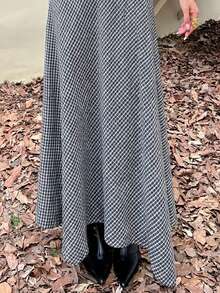 DAZY Women's Casual Commuter Plaid Asymmetric Hem Skirt - Navy Blue - View 4