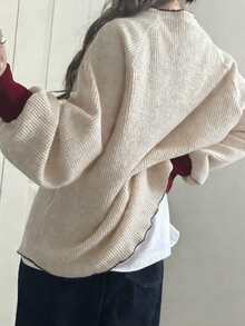 FRIFUL Áo thun dài tay nữ phối màu, cài cúc nửa cổ, kiểu dáng thường ngày. - Màu be - Xem 3