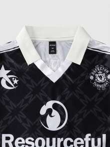 ROMWE MEN Street Life 男士字母印花短袖休闲通勤 Polo 衫 - 黑色 - 查看 3