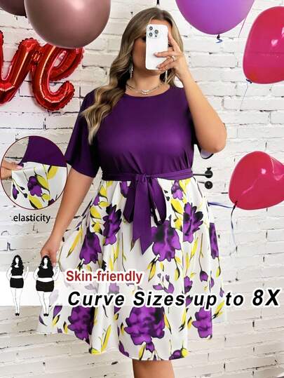SHEIN CURVE+ 大码女式印花拼接圆领短袖优雅连衣裙
