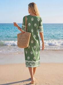 Sylviya 女士度假休闲印花中长连衣裙 绿色夏季连衣裙 女士短袖夏季连衣裙 女士度假连衣裙 - 綠色 - 查看 2