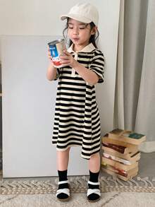 Dazy Kids 年轻女孩条纹高领短袖休闲连衣裙 - 黑與白 - 查看 5