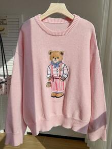 Comfortcana Fashionable Pink Crew Neck Knitted Teddy Bear Sweater - Pink - View 5