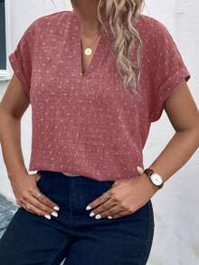 SHEIN LUNE CURVE 大码纯色翻领休闲短袖衬衫，夏季百搭 - 藕粉色 - 查看 4