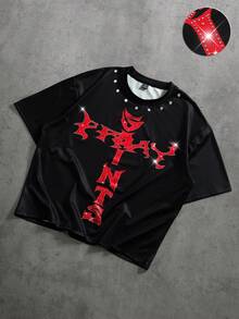 PAVTROS Men's Casual Rhinestone Letter Graphic Round Neck Short Sleeve T-Shirt, Summer - Multicolor - View 1