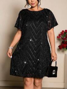 Cravure 优雅奢华流苏面料露背蝴蝶结系带设计大码女装 - 黑色 - 查看 3