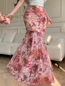 Celisse Women's Elastic Waist Asymmetric Digital Print Casual Elegant Skirt, Spring/Summer Maxi Floral Skirt Rose Print Skirt - Multicolor - View 5