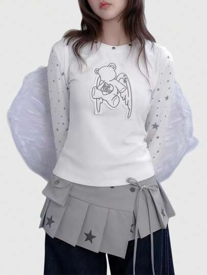 ROMWE Anime 1件 Y2K Baddie Kawaii Sweet Retro Plaid Pop Art Polka Dot Wing Note Mass Produced Lace Up Waist Accessor, Suitable For College, Shopping, Concerts, Et.