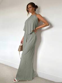 Siren Gaze Bộ 2 món gồm áo hai dây hở lưng và quần ống rộng xẻ tà, thích hợp cho mùa xuân/hè. - Màu xanh Bạc hà - Xem 3