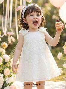 Cozy Pixies 女婴可爱优雅白色刺绣立体花朵蝴蝶结无袖连衣裙，夏季 - 粉色 - 查看 1