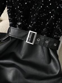 Lyxana Women's Elegant Sequin & Faux Leather Patchwork Ruched Bodycon V-Neck Dress, Slimming Fit, Autumn/Winter - Black - View 8