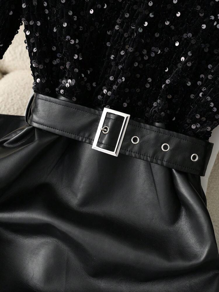 SHEIN Ladiora Vestido Elegante Feminino de Couro Sintético e Paetês com Recortes, Franzido, Decote em V, Ajuste Slim, Outono/Inverno - Preto - Visão 8