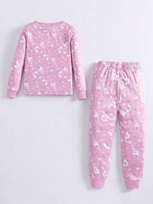 【6件套，随机发货3件】女童独角兽、爱心、蝴蝶、字母、花朵、云朵、星星印花长袖上衣和打底裤睡衣套装，可爱元素，适合甜美优雅的女孩日常居家穿着 - 彩色 - 查看 2