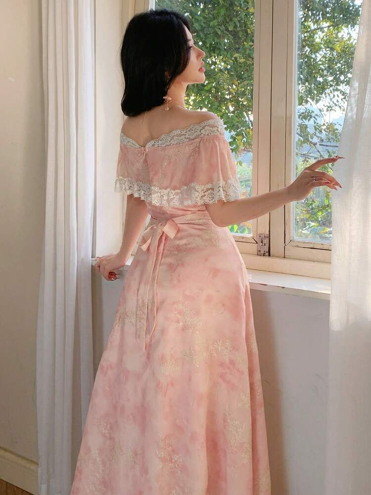 Elegant Romantic Off Shoulder Ditsy Floral Dress, High-End Feel Summer Sundress
