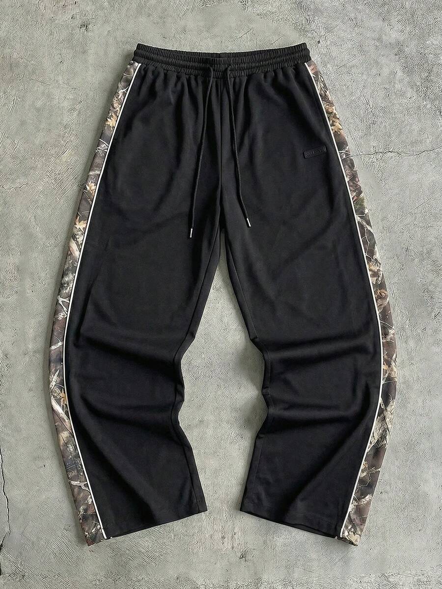 AXEPEAK Men's Casual Camouflage Print Patchwork Drawstring Waist Pants - Black - View 1