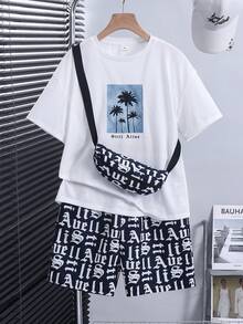 SHEIN 男童休闲风景图案短袖T恤和字母图案短裤两件套，带收纳袋，适合日常穿着，夏季适用，春夏季节，日常穿着、运动、郊游、上学、聚会、节日、拍照等场合。 - 彩色 - 查看 4