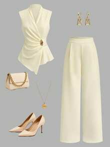 Franclia Women's Elegant 2026 Spring/Summer Asymmetric Sleeveless Ruched Metal Button Long Pants 2 Pieces Set - Apricot - View 3