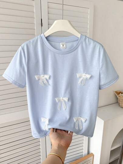 SHEIN Tween Girls Cute 3D Bow Decor T-Shirt, Casual & Versatile For Any Occasion