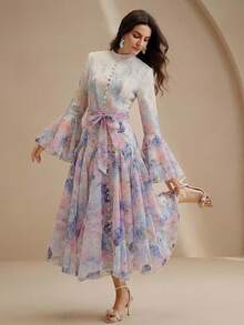 Anewsta Women's Elegant Floral Print Flare Sleeve Ruffle Hem Dress - Purple - View 4