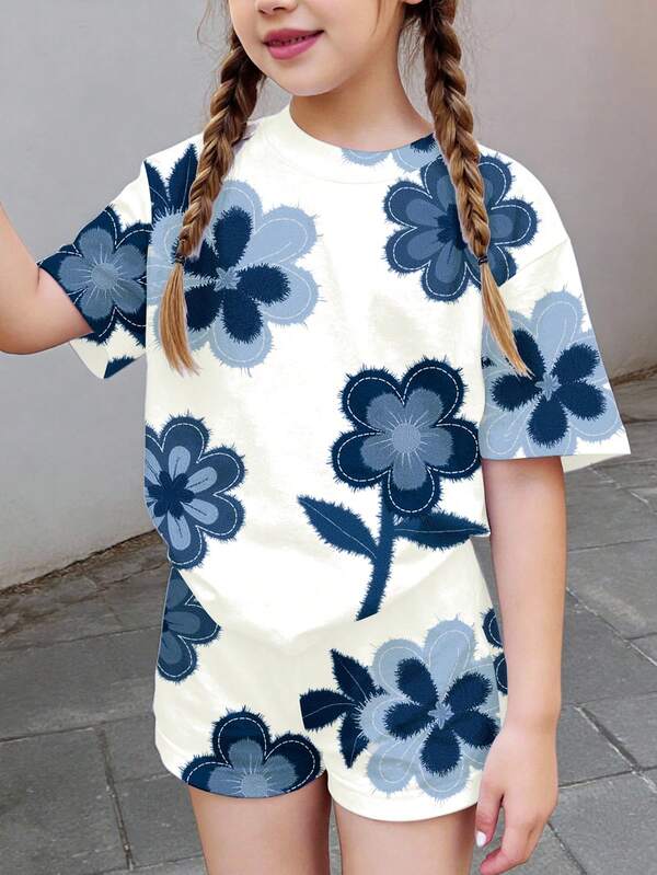Set de 2 piezas de camiseta de manga corta y pantalones cortos con estampado floral retro informal para niñas preadolescentes, adecuado para el verano