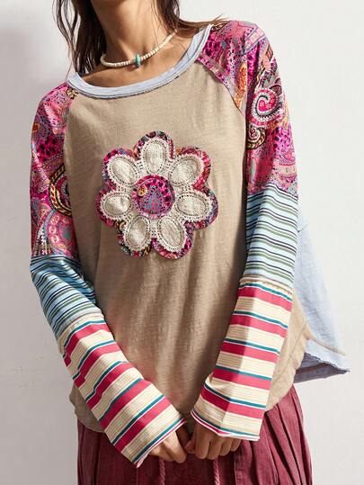 Bohemela 波西米亚风休闲针织拼接印花圆领宽松T恤，女士秋季款
