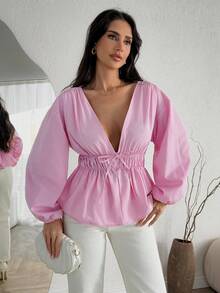 EURMUSE Pink Deep V-Neck Drawstring Blouse With Balloon Sleeves - Pink - View 5