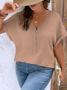 EMERY ROSE Plus Size Women's Solid Color Simple Daily Short Sleeve Shirt For New Year Clothes - Khaki - View 5