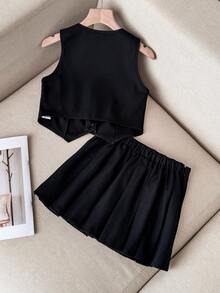 Firerie Kids 少女新款通勤百搭两件套，轻盈奢华简约露脐无袖上衣搭配百褶迷你裙套装 - 黑色 - 查看 2