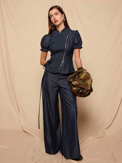 COUREZ Short Sleeve Asymmetric Fitted Shirt /Y2K Spring Cute Blue Shirts Going Out Party Summer