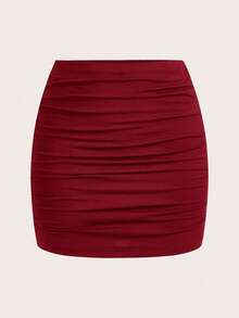SHEIN MOD 2pcs Women Casual Minimalist Wine Red & Black Ruched Bodycon Mini Skirt Set, Suitable For Summer Suitable For Going Out Chic Dress - Multicolor - View 7