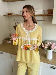 SHEIN 浅黄色梭织面料女士长袖长裤荷叶边浪漫清新睡衣套装 - 紫色 - 查看 3