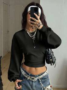 Coolane 休闲简约黑色蓬松面料卫衣，女士长袖收腰卫衣，百搭街头风，适合秋冬季穿着 - 黑色 - 查看 3