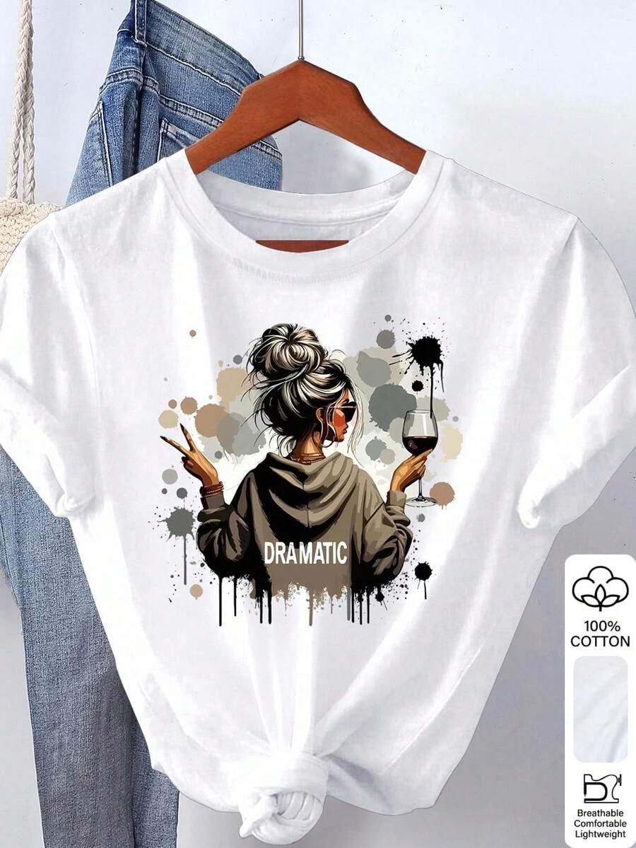 SHEIN 女士休闲人像图案圆领短袖T恤，夏季 - 白色 - 查看 1