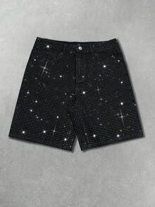 Manfinity EMRG Men's American Hip Hop Street Fashion Party Life Rhinestone Washed Black Denim Shorts - Black - View 3