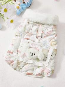 PETSIN 宠物背心 冬季棉绒娃娃领背心开衫背心 狗狗猫咪牵引扣棉质韩版蝴蝶结小熊印花宠物服装 - 彩色 - 查看 3