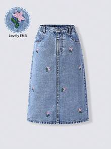 SHEIN 青少年女孩中洗牛仔中長裙，植物刺繡與口袋設計，日常休閒風格，秋季穿搭 - 中等水洗藍 - 查看 4