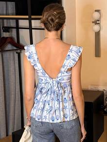 Pariaura Women's Cute White And Blue Starfish & Seashell Print Blouse,Summer Vacation Holiday Ruffle Trim Tie Back Peplum Top,Elegant Beach French Style Shirt - Blue - View 4
