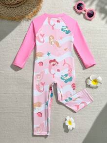 女婴可爱鲸鱼印花长袖连体泳衣，紫色，适合夏季和度假 - 粉色 - 查看 2