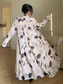 DAZY Printed Long Sleeve Casual Loose Cardigan Dress For Women, Daily Wear - Beige - View 2