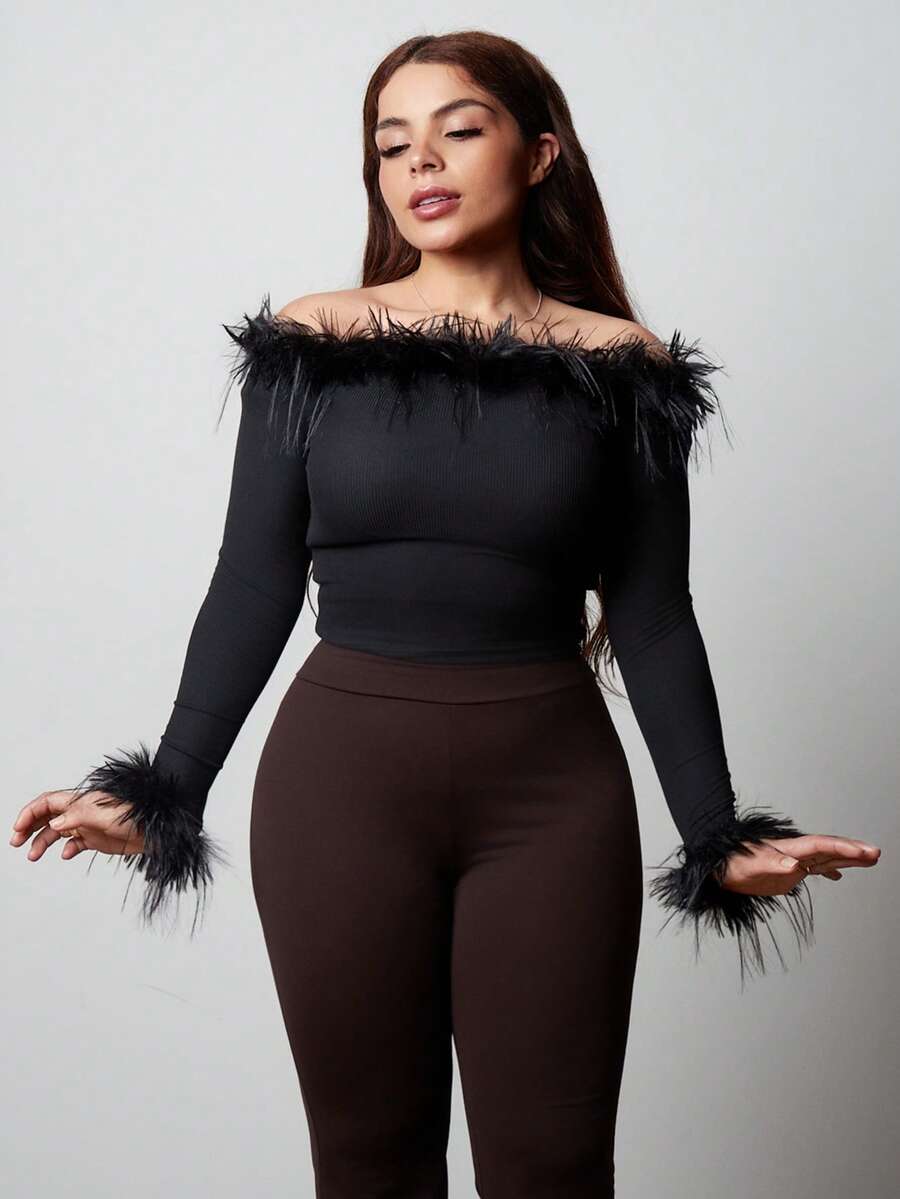 Lupita Cardoza Women's Elegant Off-Shoulder Fluffy Splice Fitted Long Sleeve T-Shirt, Autumn - Black - View 1