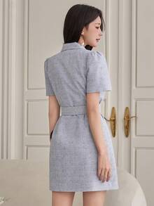 DAZY 女士优雅西装领假口袋泡泡袖系带短裙，夏季 - 藍色 - 查看 2