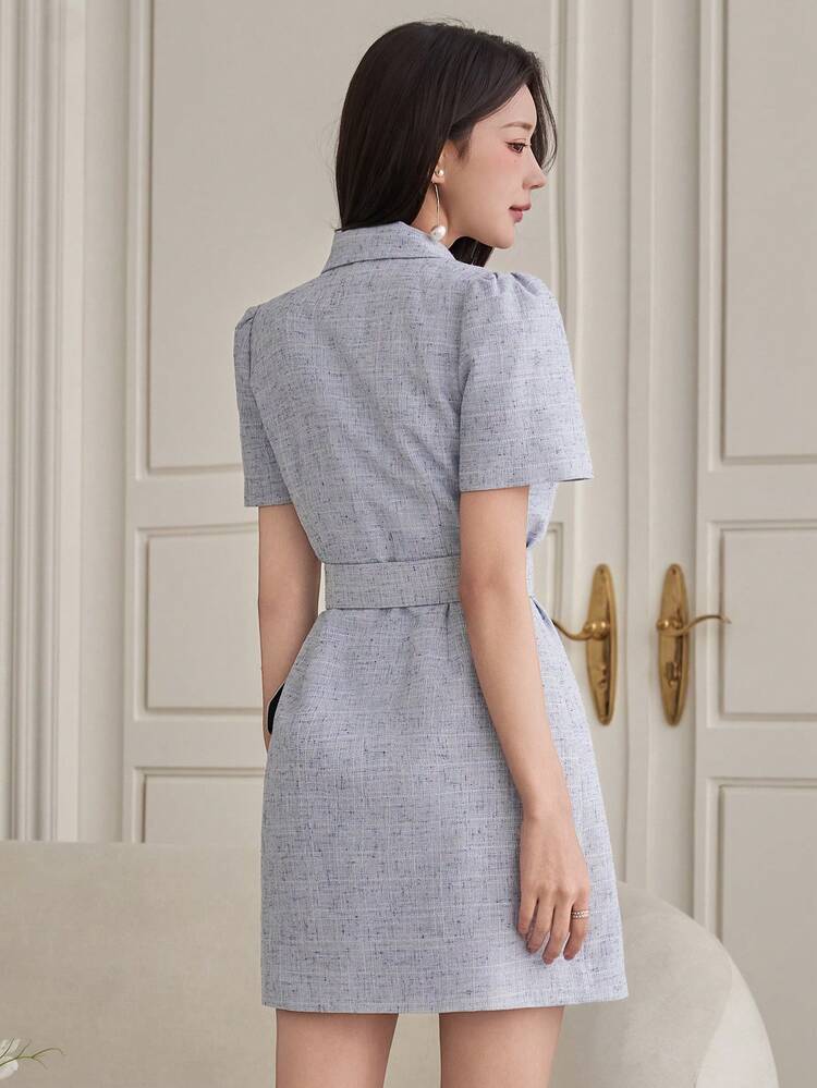 Women's Elegant Blazer Collar Faux Pocket Puff Sleeve Belted Short Dress, Summer Wedding Guest Dress Sundress