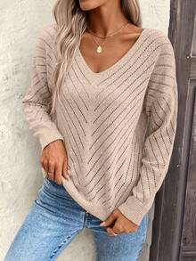 SHEIN LUNE Sweater Wanita Longgar Kasual Berongga Geometris Bertekstur Leher V - Aprikot - View 5