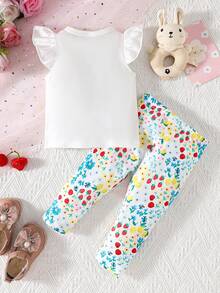 SHEIN 2pcs/Set Baby Girls Cute Rabbit Print Short Sleeve Top And Pants Set, Summer - White - View 2