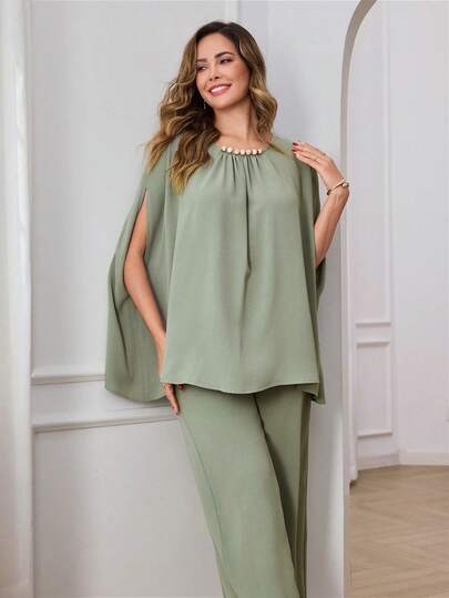 Miaspire Elegant Green Two-Piece Set For Women Summer Spring Outfit With Pearl Neck Cape Sleeve Top And Wide Leg Pants, Perfect For Vacation Beach Going Out Wedding Guest And Festival Occasions