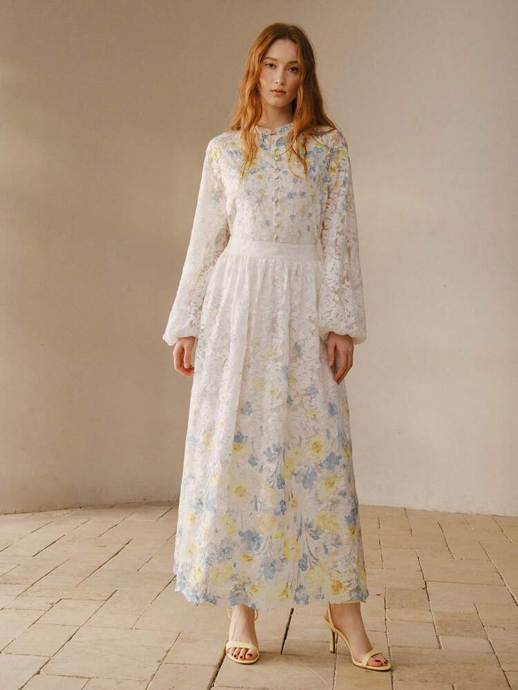 WOMEN'S FLORAL PRINT LANTERN SLEEVE BLOUSE