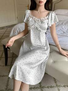 DAZY Satin Polka Dot Allover Print Lace Patchwork Ruffle Hem Women Nightgown - White - View 1