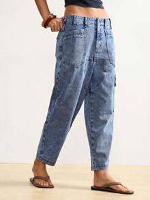 Bohemela 新款女士牛仔裤，宽松版型，低腰设计，实用口袋，锥形裤腿，休闲百搭，修身剪裁，9/10长度，蓝色。Y2K波西米亚风格，适合音乐节、夏季春季、海滩度假等场合。 - 淺色水洗藍 - 查看 4