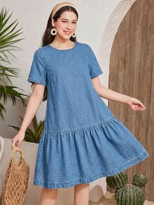 SHEIN 少女宽松系带牛仔连衣裙，蓝色 - 中等水洗藍 - 查看 6