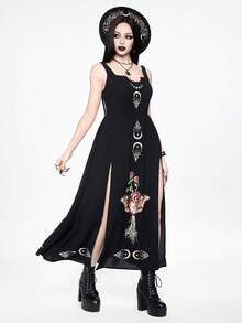 ROMWE Spring/SummergraphicblackGothic Heart, Butterfly, Star & Moon Print Double Slit Dress For Women - Black - View 5